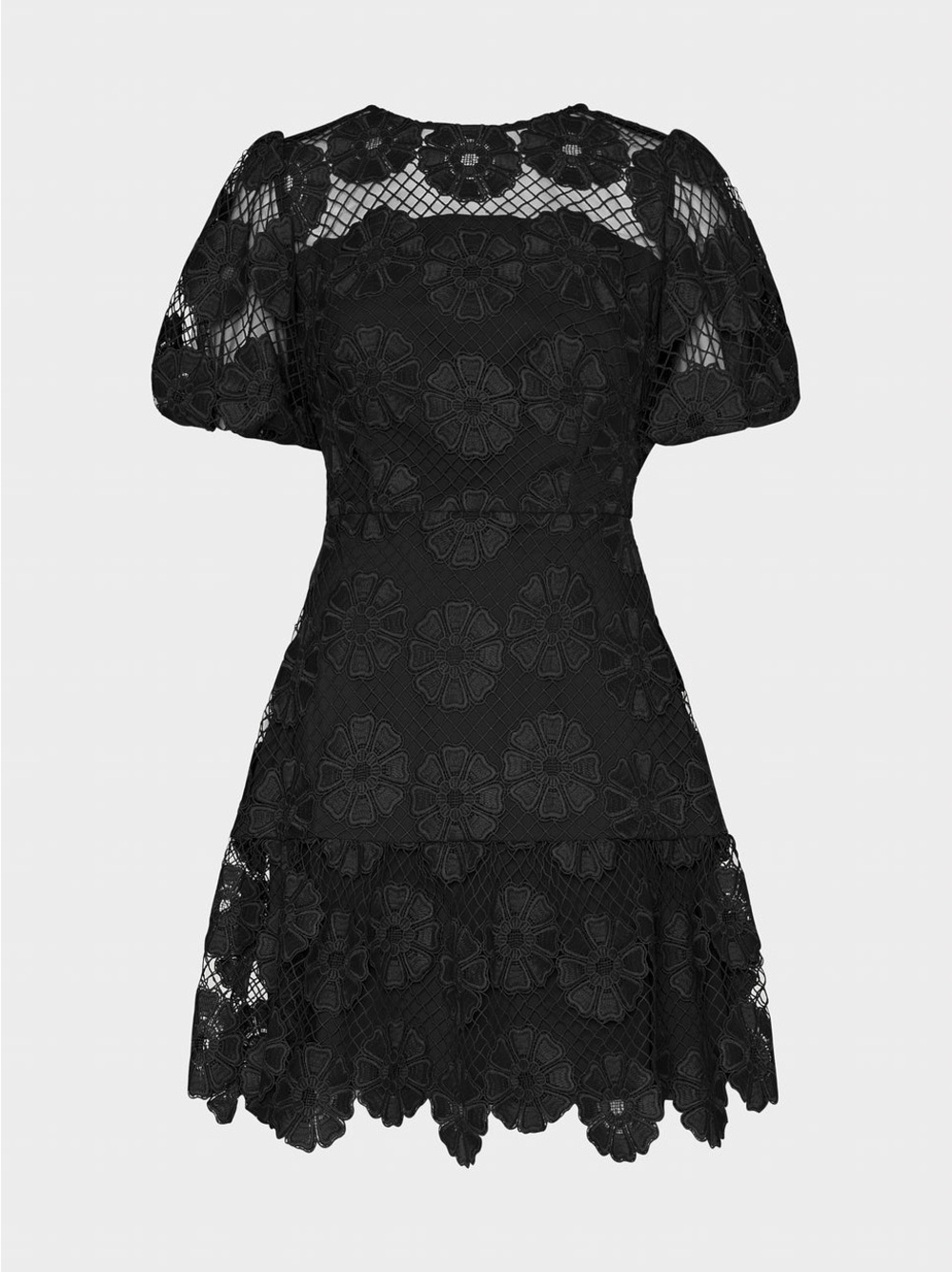 Milly Black Floral Lace Puff-Sleeve Mini Dress 8 Medium
